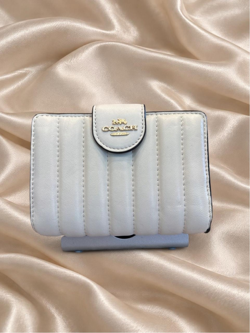Coach Quilted Compact Wallet in White with Gold Logo